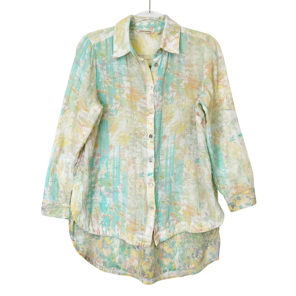 Soft Surroundings Gauze Button Down Tunic Top Women's Small Pastel Collar Shirt